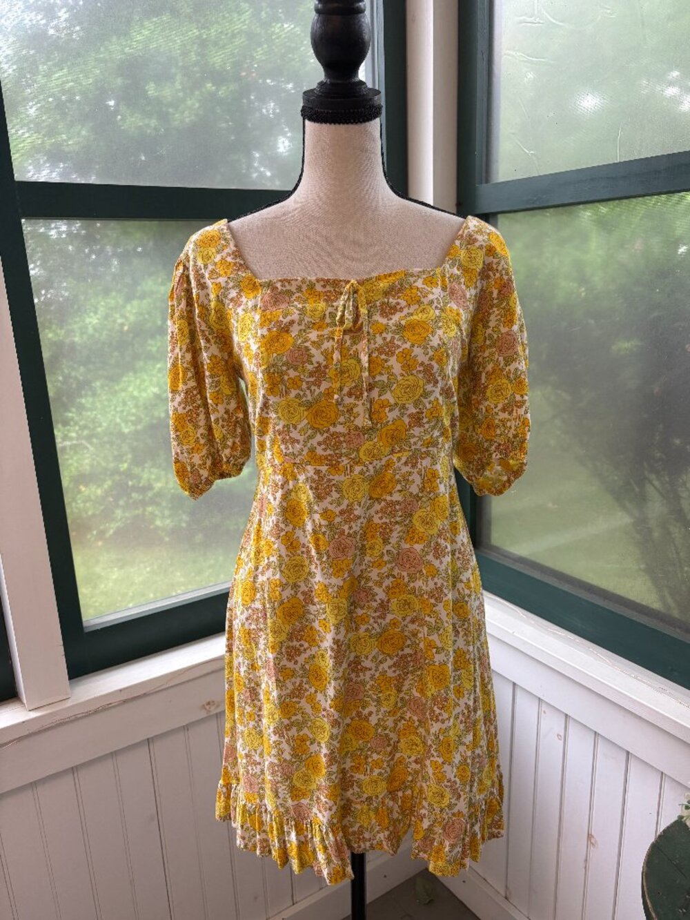 Faithfull the Brand Yellow Rose Floral Puff Sleeve Mini Dress Size 6 M